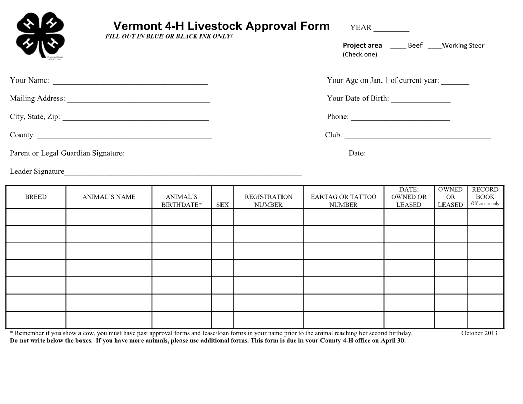 Vermont 4-H Livestock Approval Form