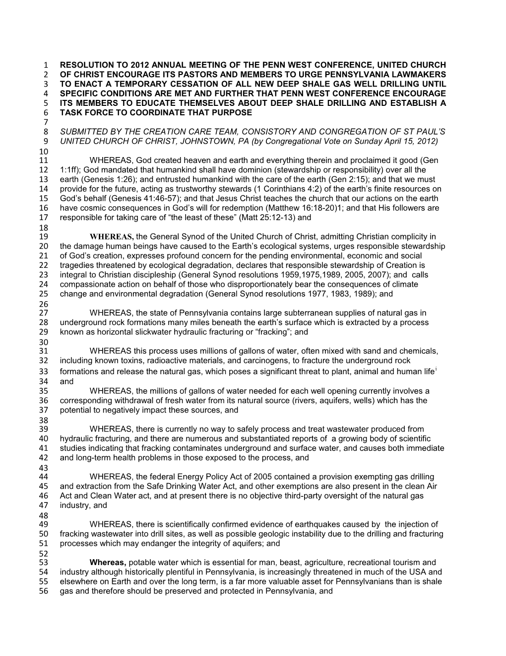 Resolution to 2012 Annual Meeting of the Penn West Conference, United Church of Christ