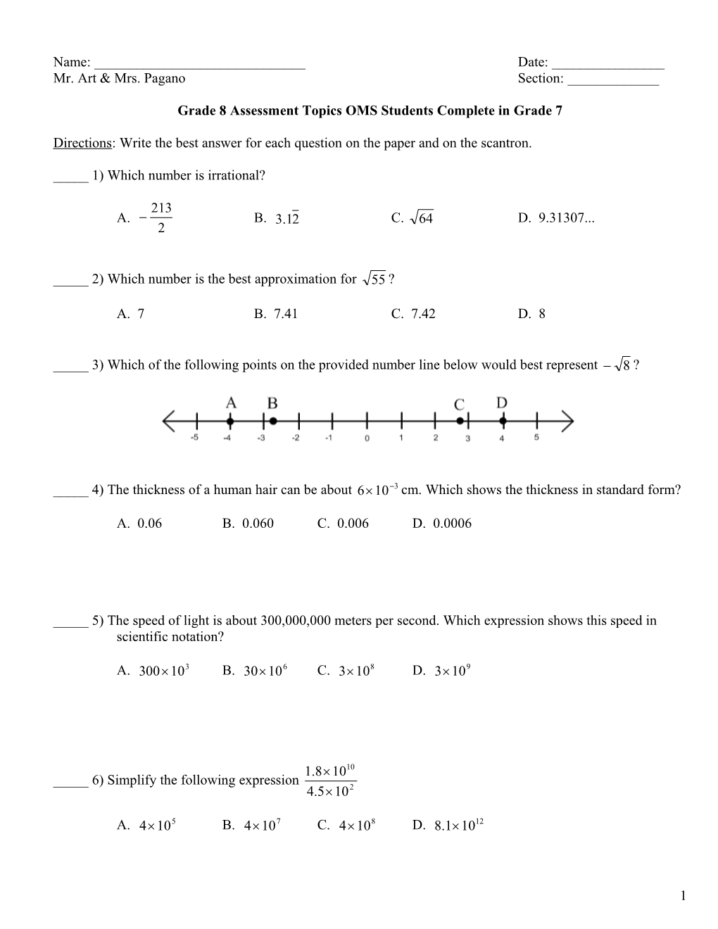 Grade 8 Assessment Topics OMS Students Complete in Grade 7