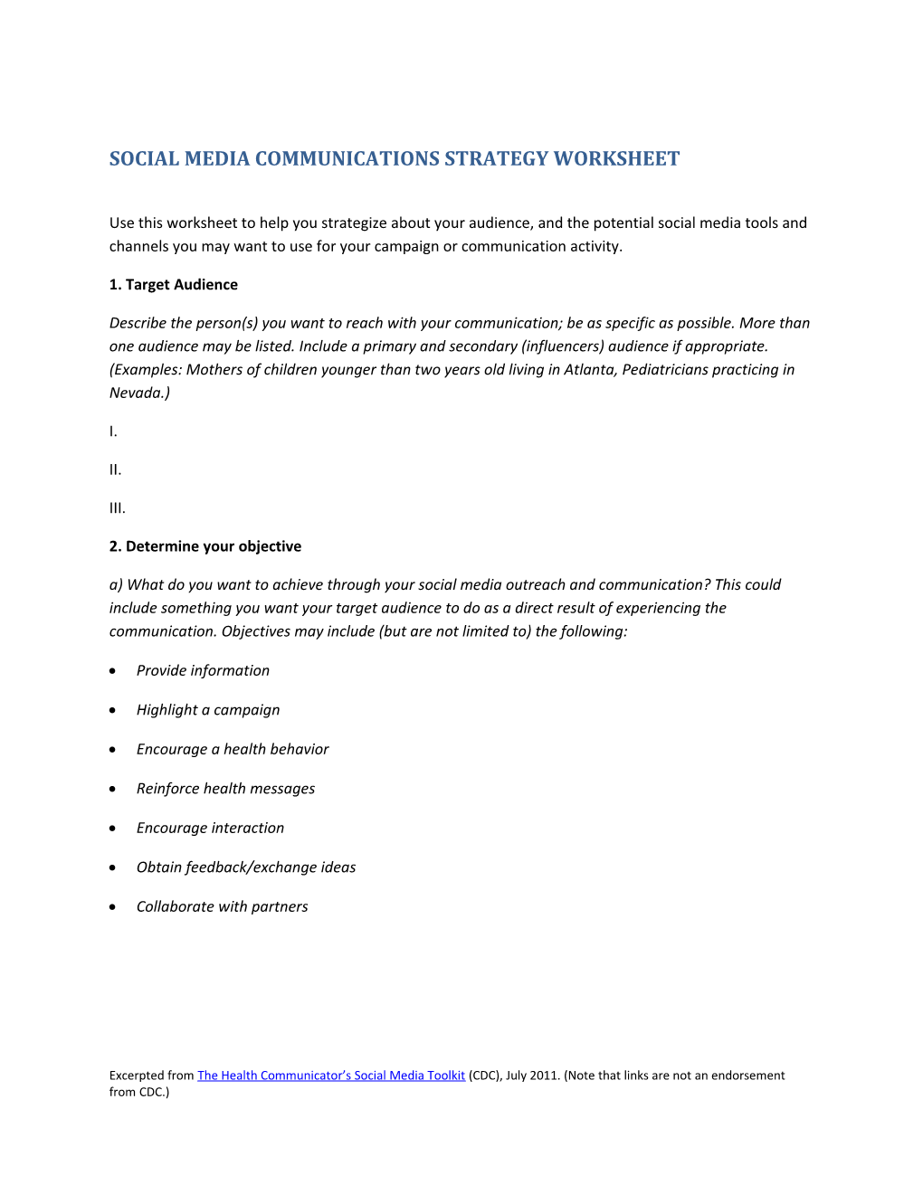Social Media Communications Strategy Worksheet