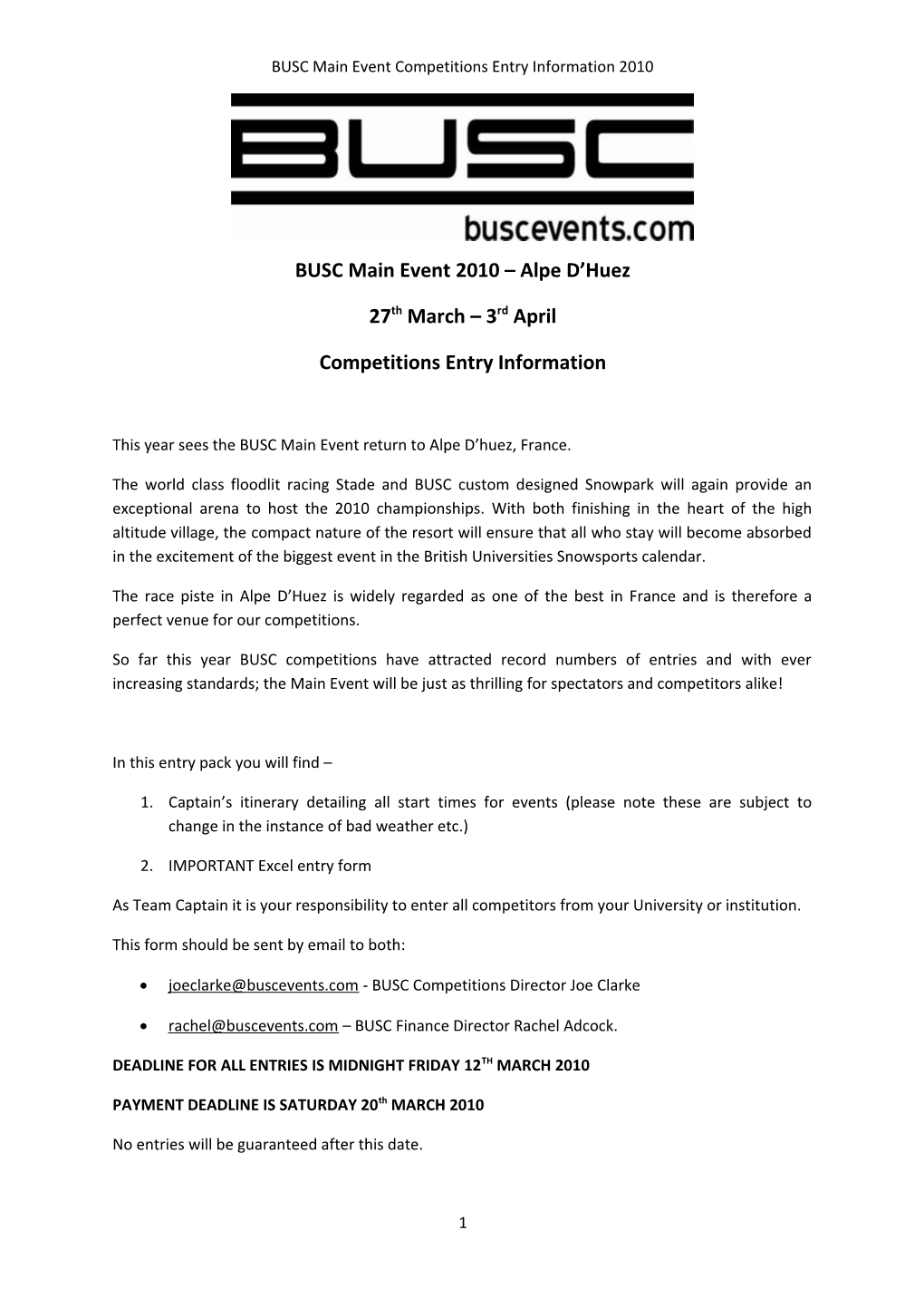 BUSC Main Event Competitions Entry Information 2009