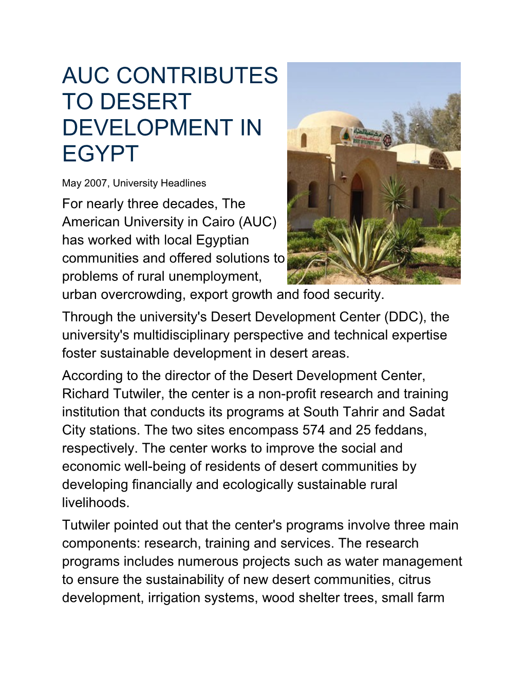 Auc Contributes to Desert Development in Egypt