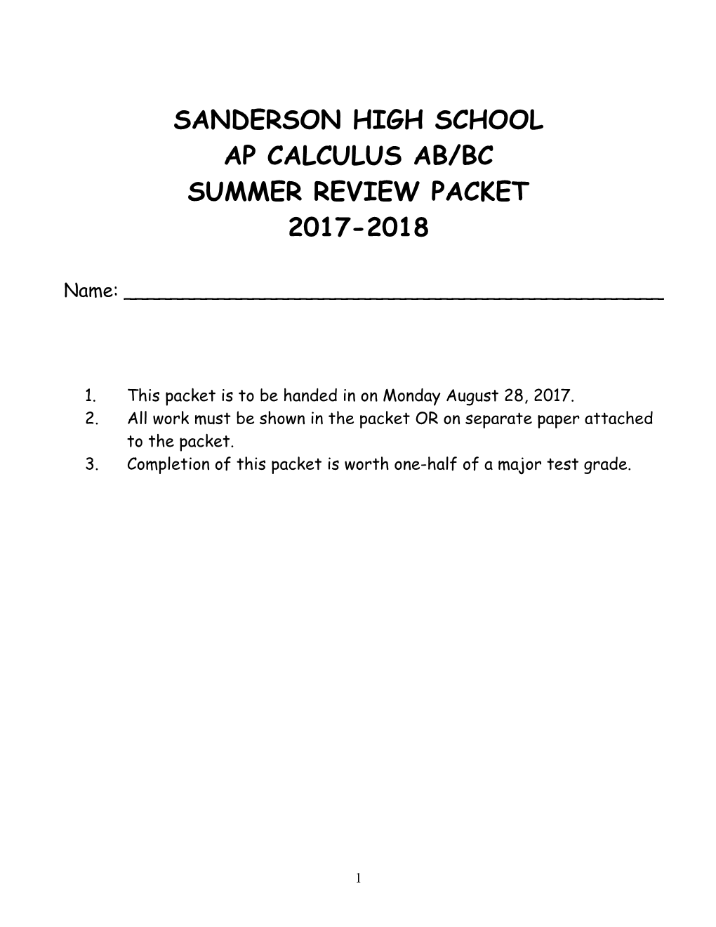 Summer Review Packet for Students Entering Calculus (All Levels)