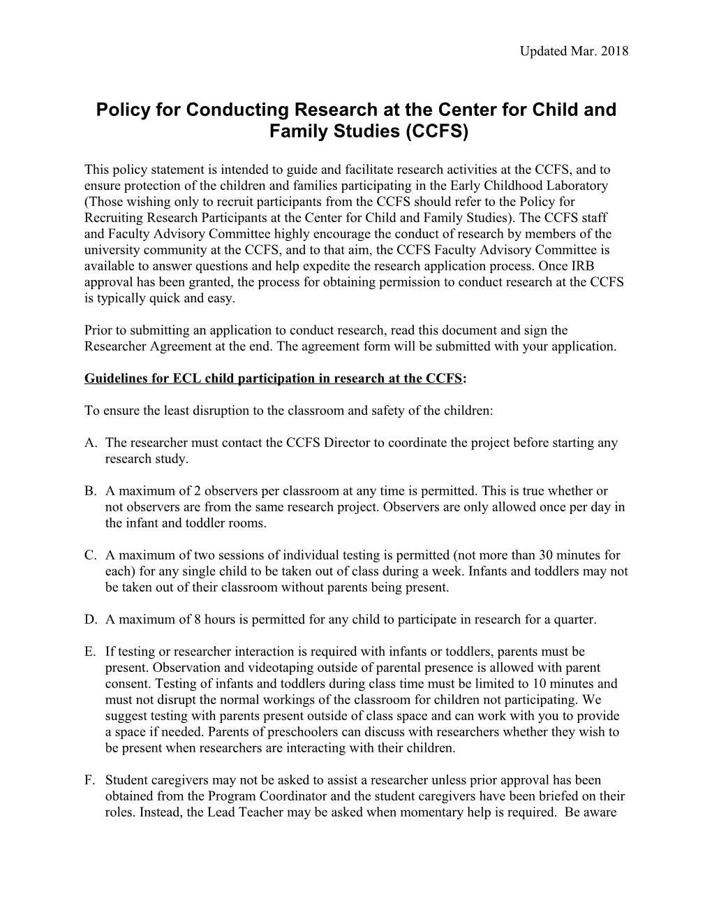 Policy for Conducting Research at the Center for Child and Family Studies (CCFS)