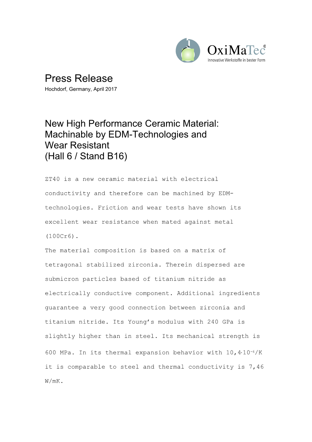 New High Performance Ceramic Material: Machinable by EDM-Technologies And