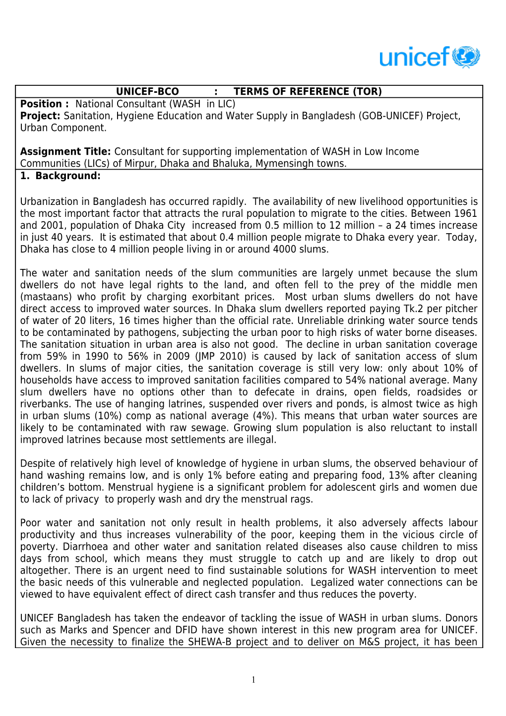 UNICEF-BCO : TERMS of REFERENCE (TOR) Position : National Consultant (WASH in LIC) Project