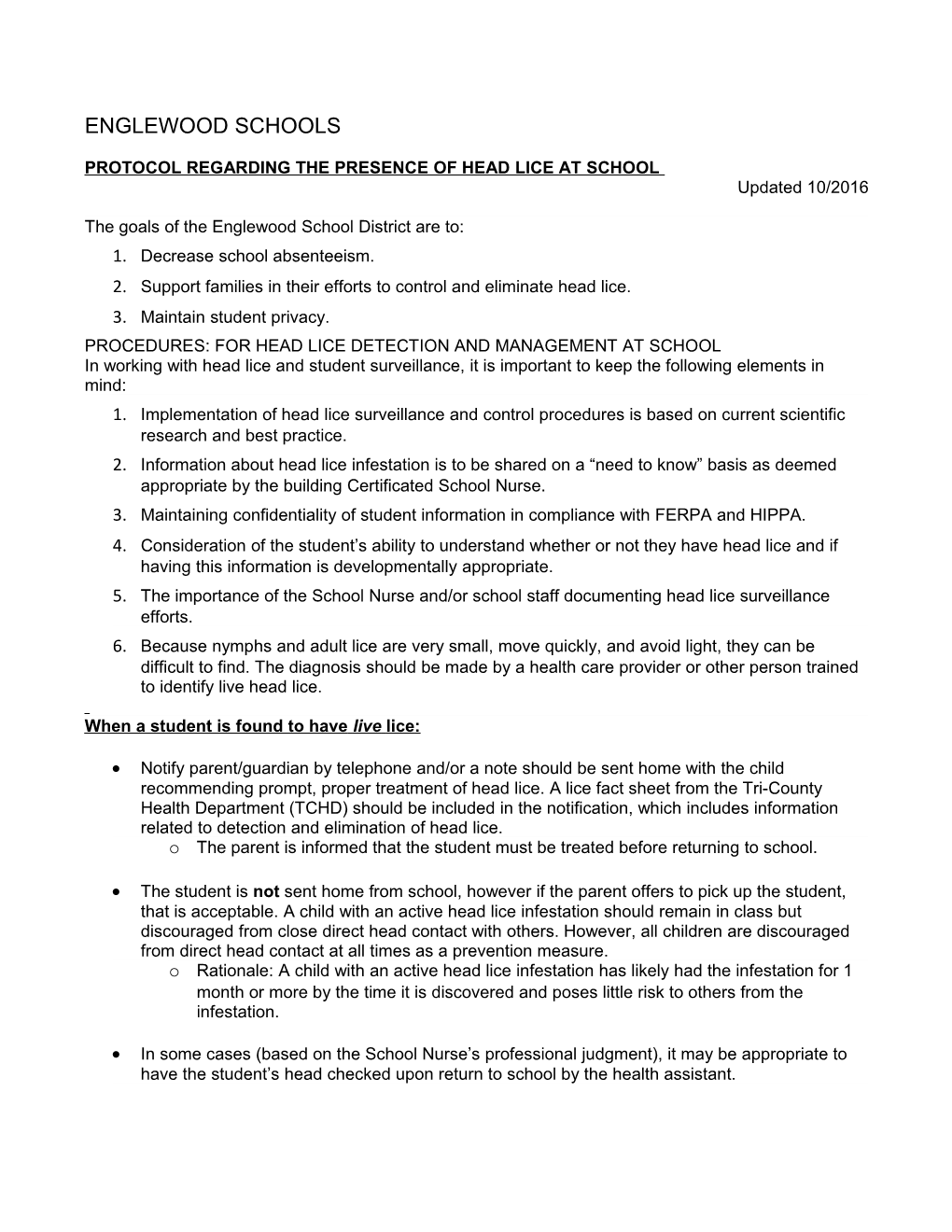 Protocol Regarding the Presence of Head Lice at School