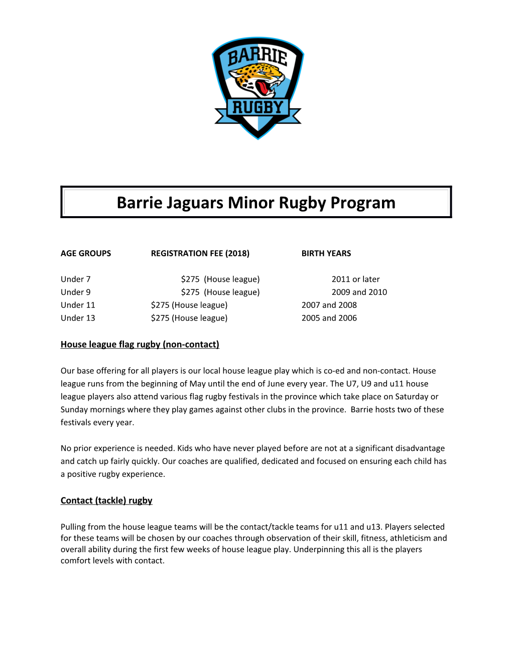 Barrie Jaguars Minor Rugby Program