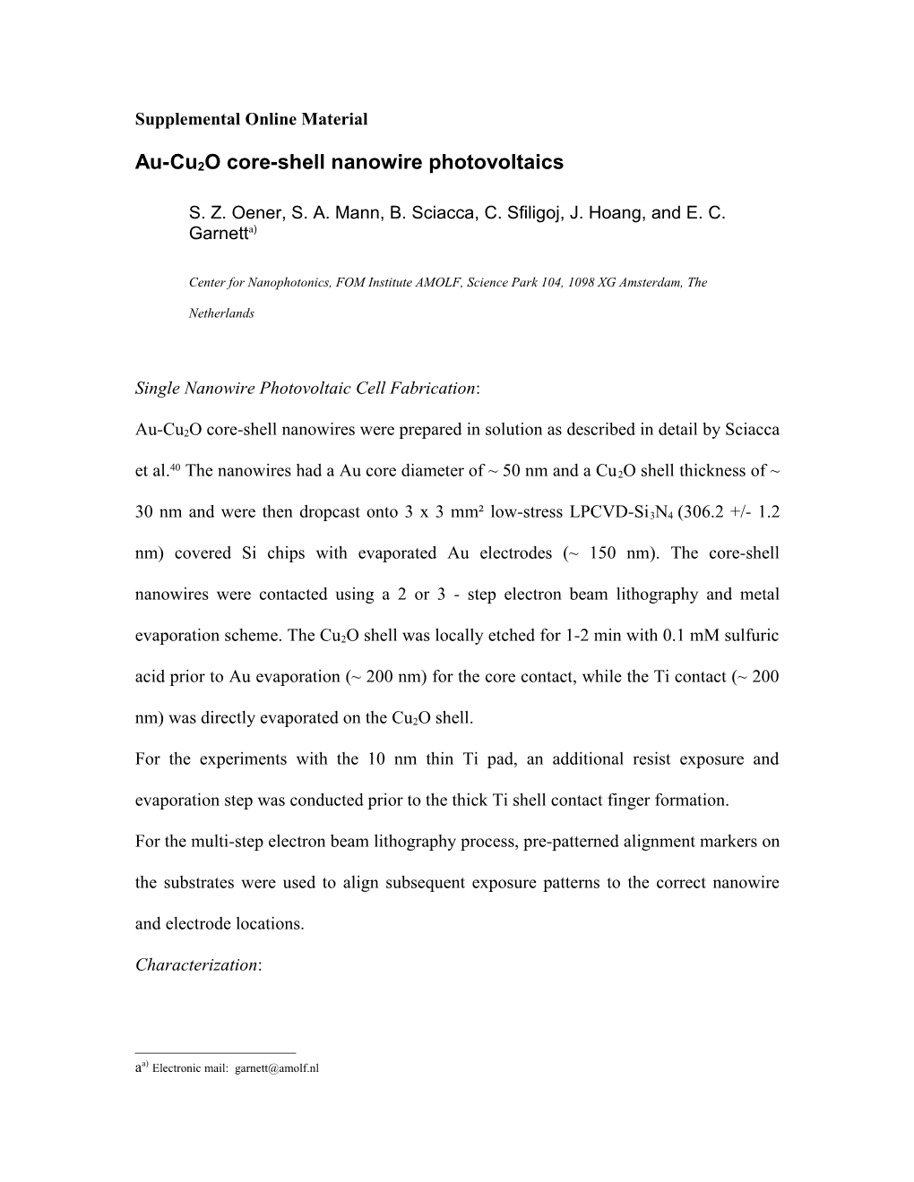 Au-Cu2o Core-Shell Nanowire Photovoltaics