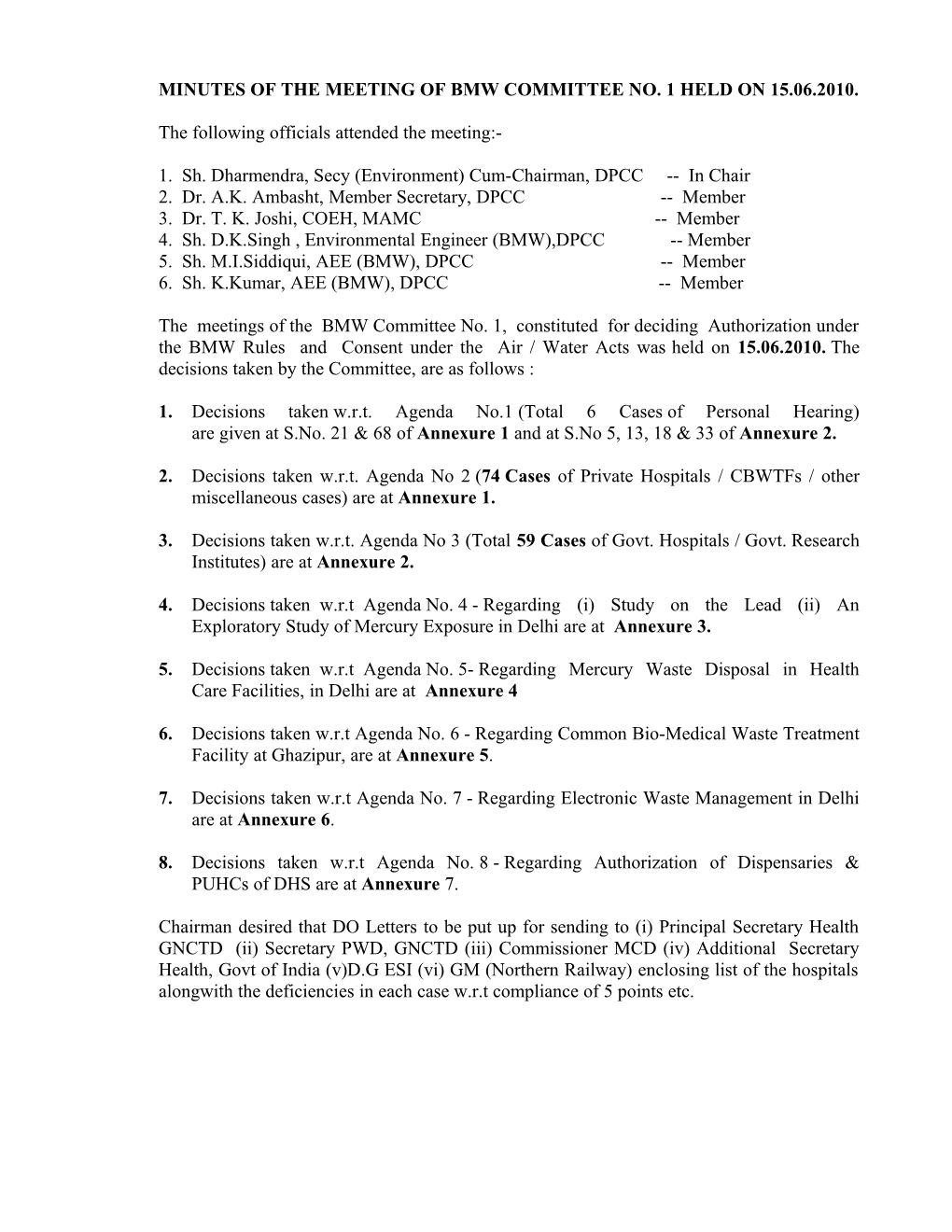 Minutes of the Meeting of Bmw Committee No. 1 Held on 15.06.2010