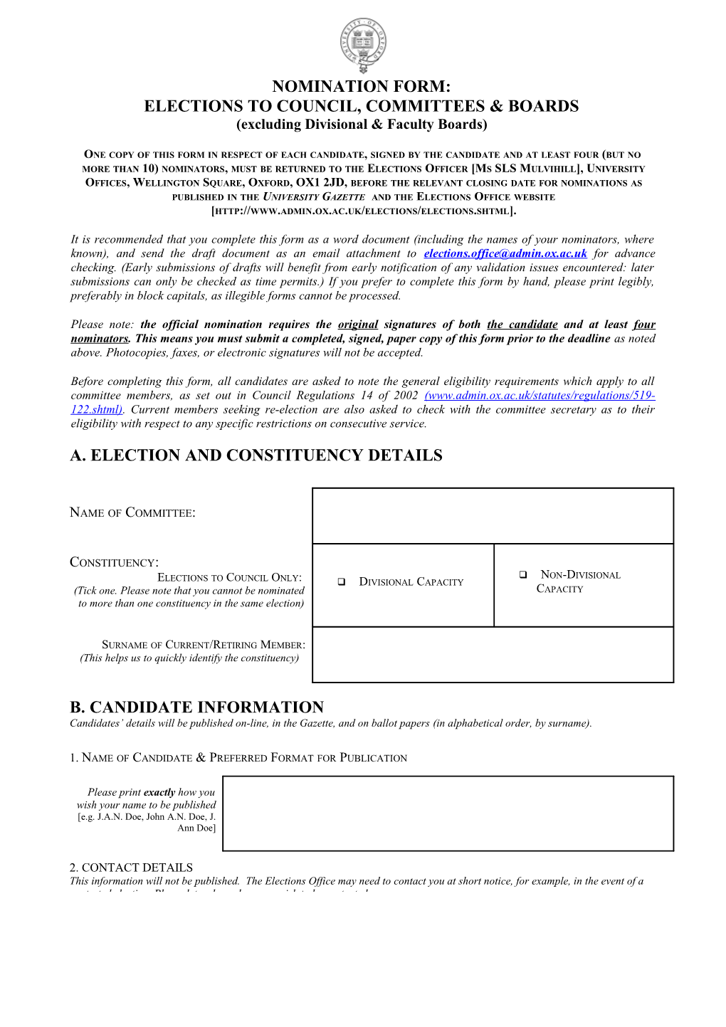 Congregation Elections: Nomination Form