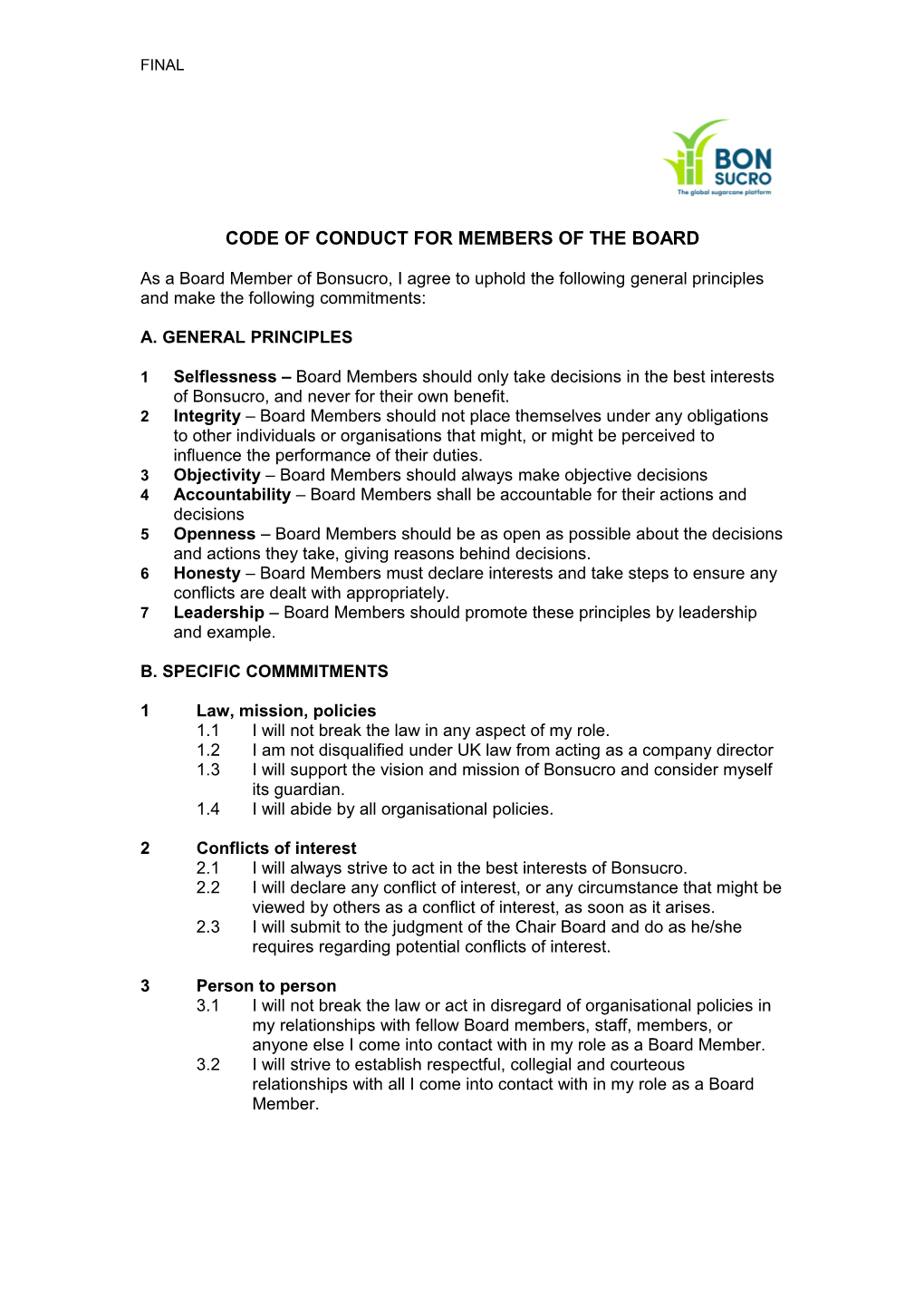 Code of Conduct for Members of the Board