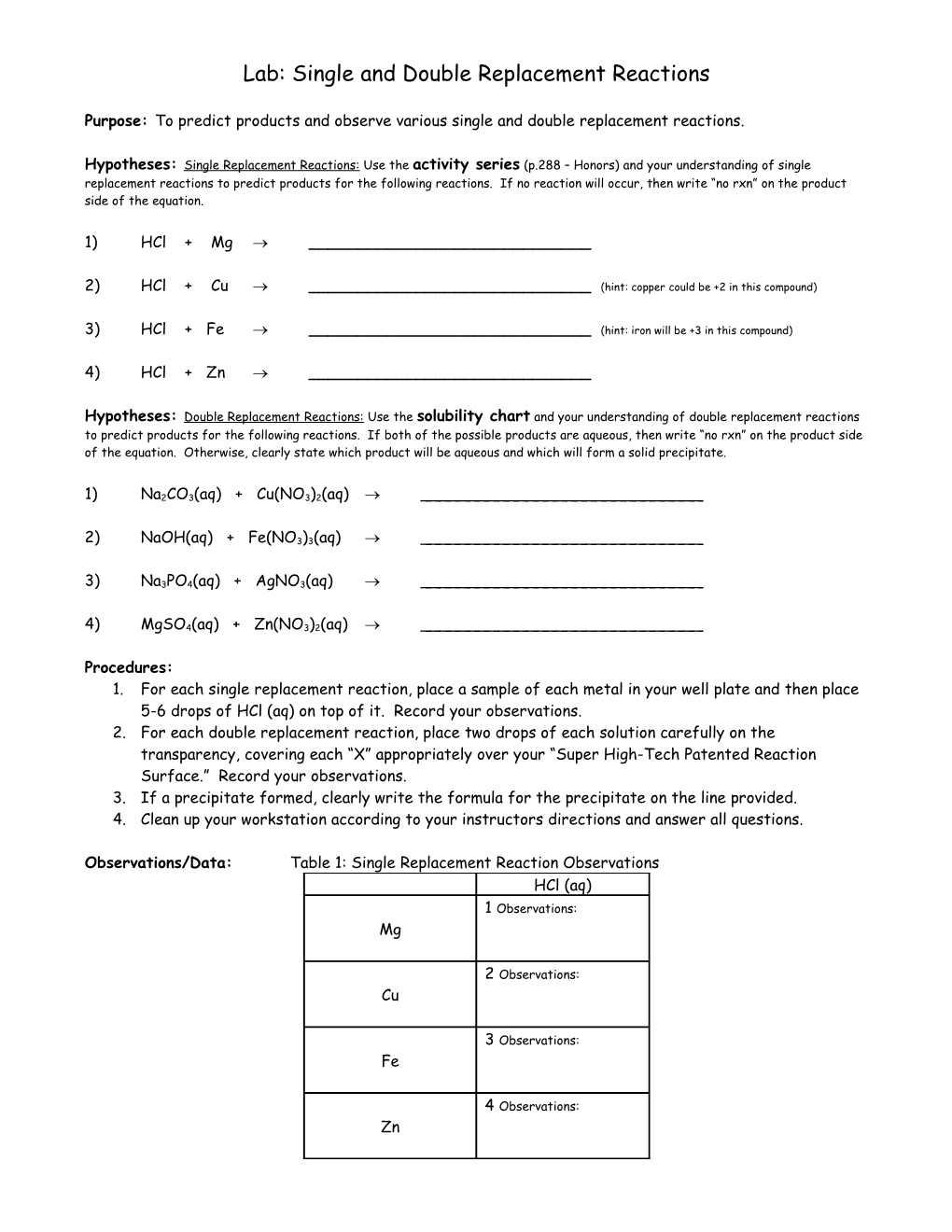 Lab: Single and Double Replacement Reactions