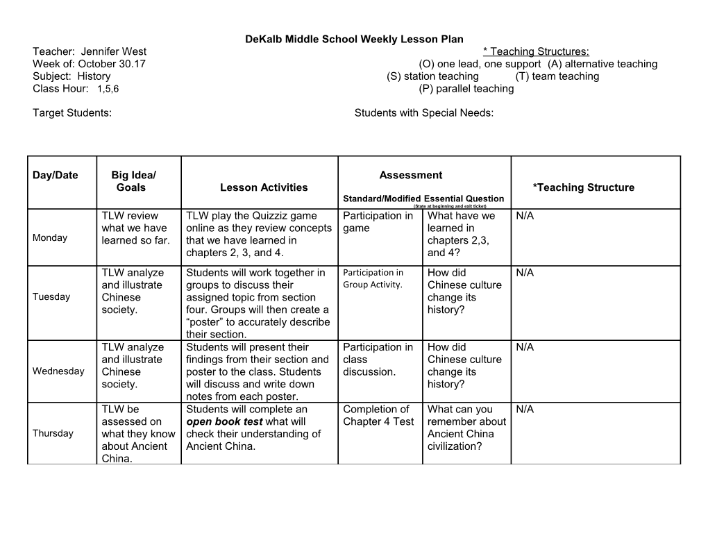 Dekalb Middle School Weekly Lesson Plan s9