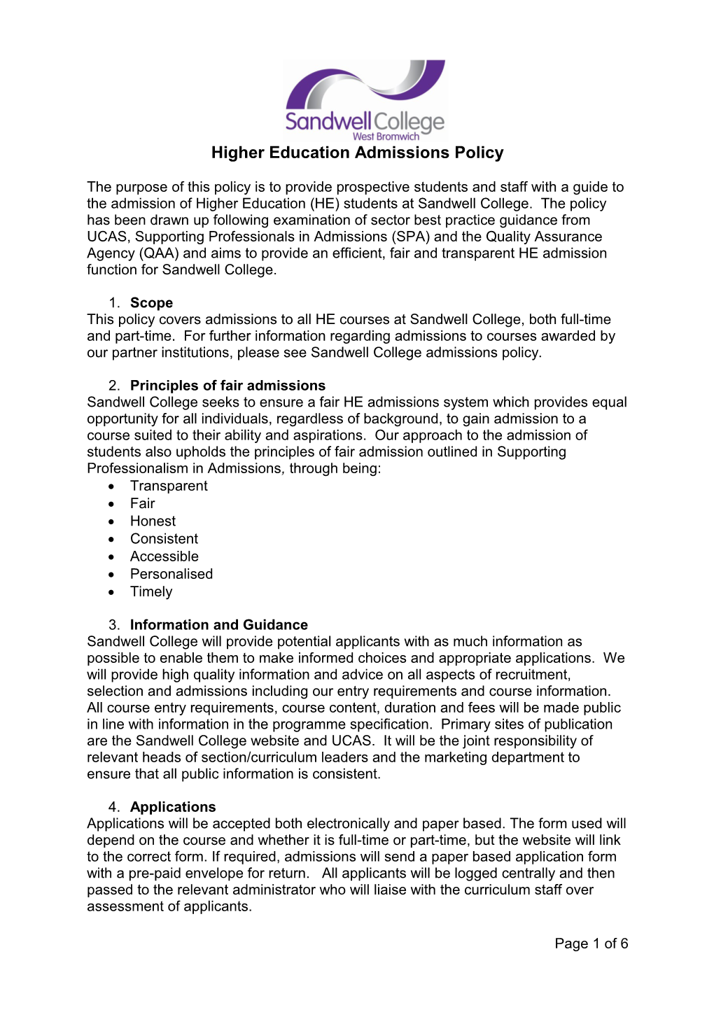 Higher Education Admissions Policy