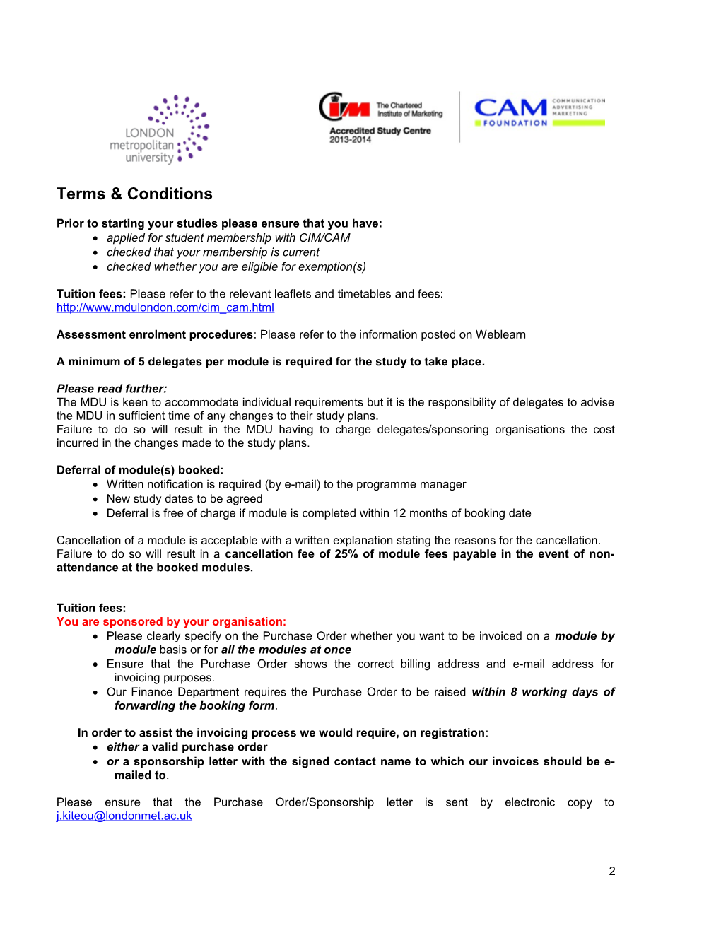 Booking Form - Cim/Cam Programmes 2014/2015