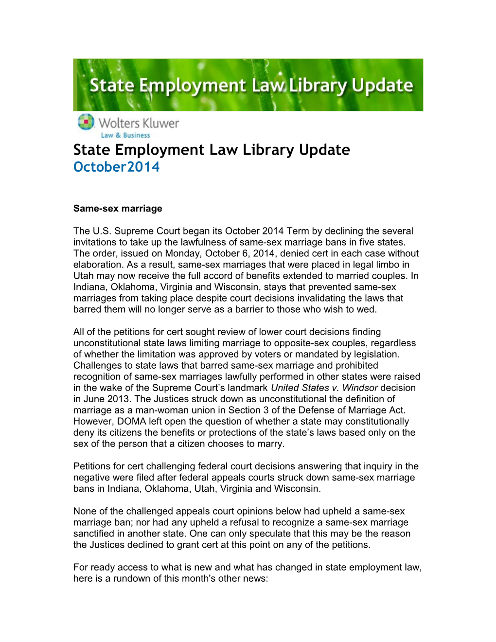 State Employment Law Library Update