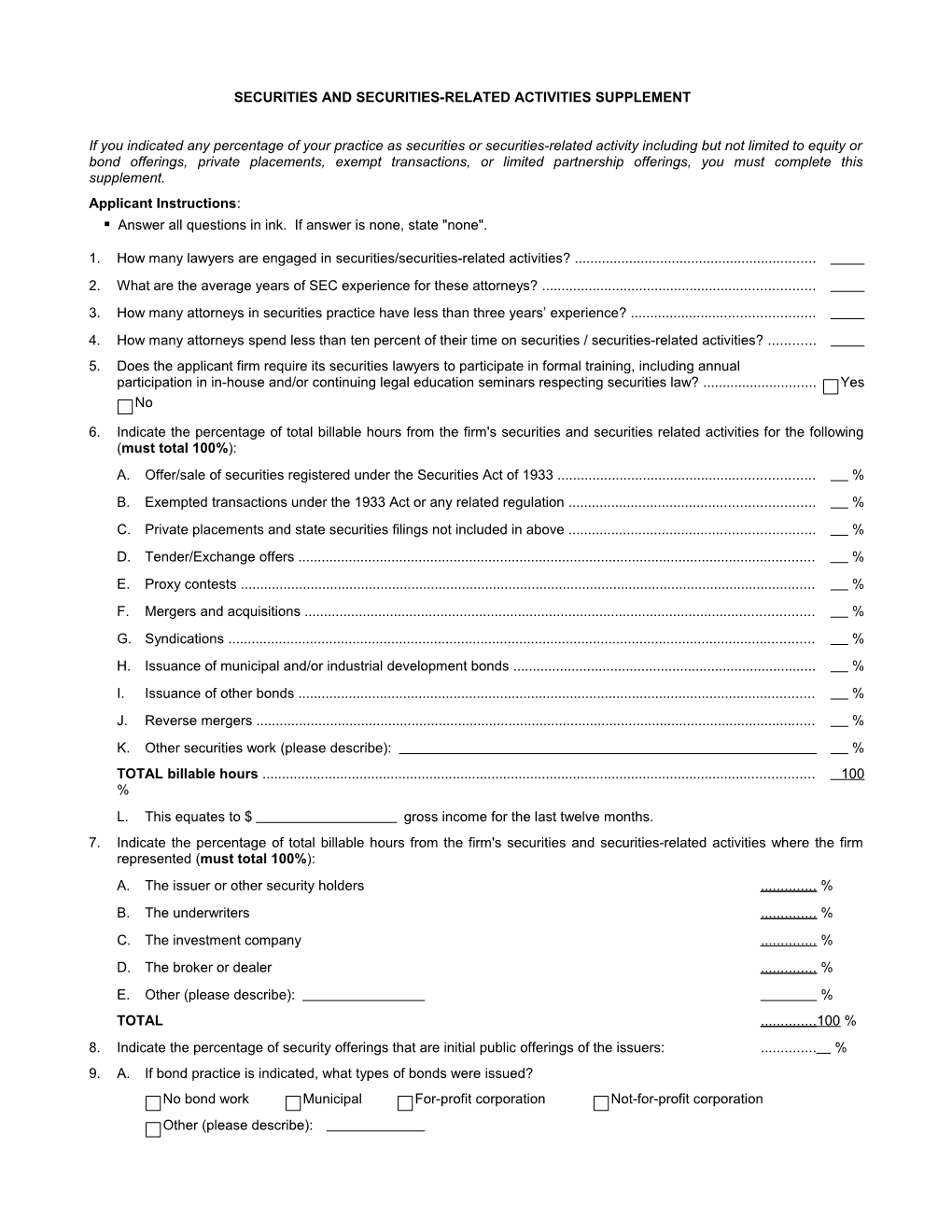 Securities and Securities-Related Activities SUPPLEMENT