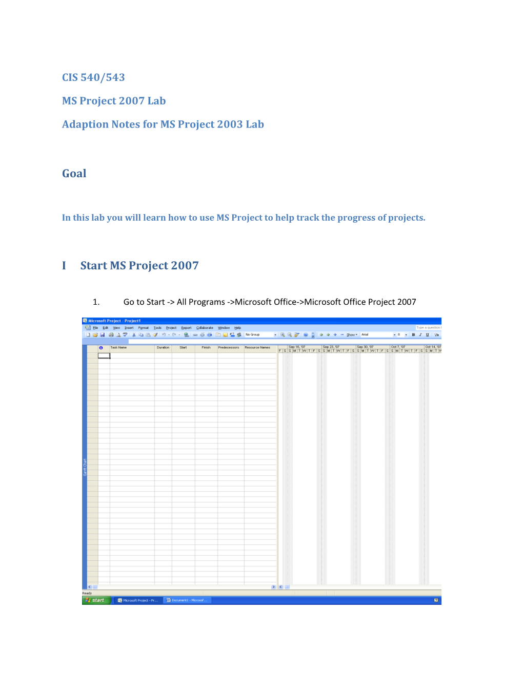 Adaption Notes for MS Project 2003 Lab