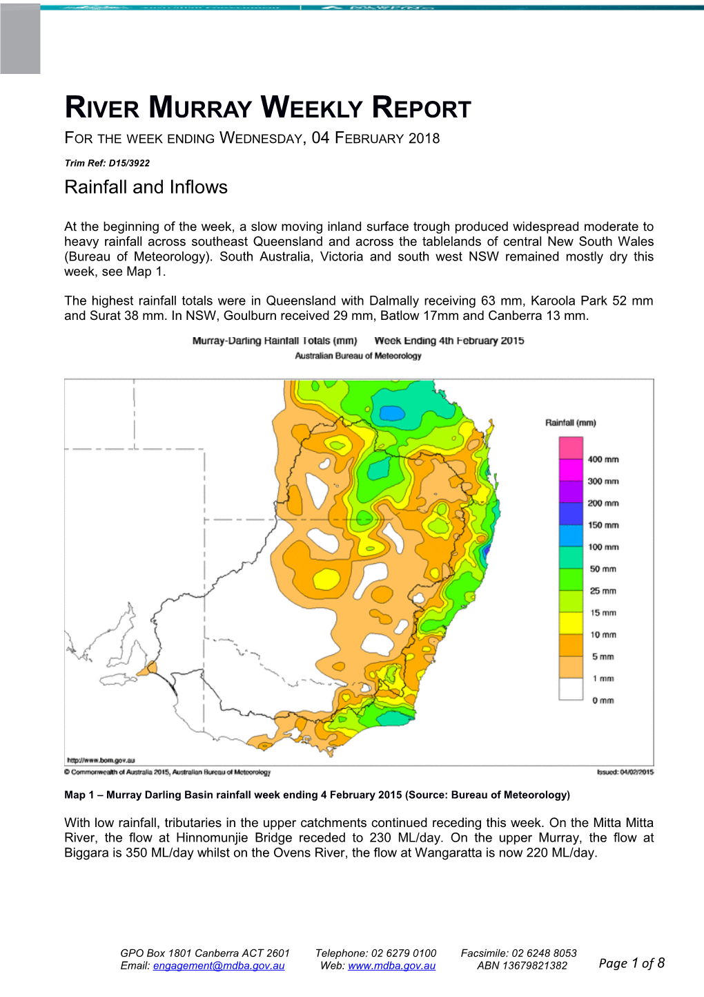 River Murray Operations Weekly Report 4Th February 2015