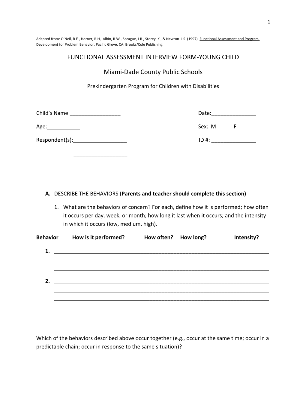 Functional Assessment Interview Form-Young Child