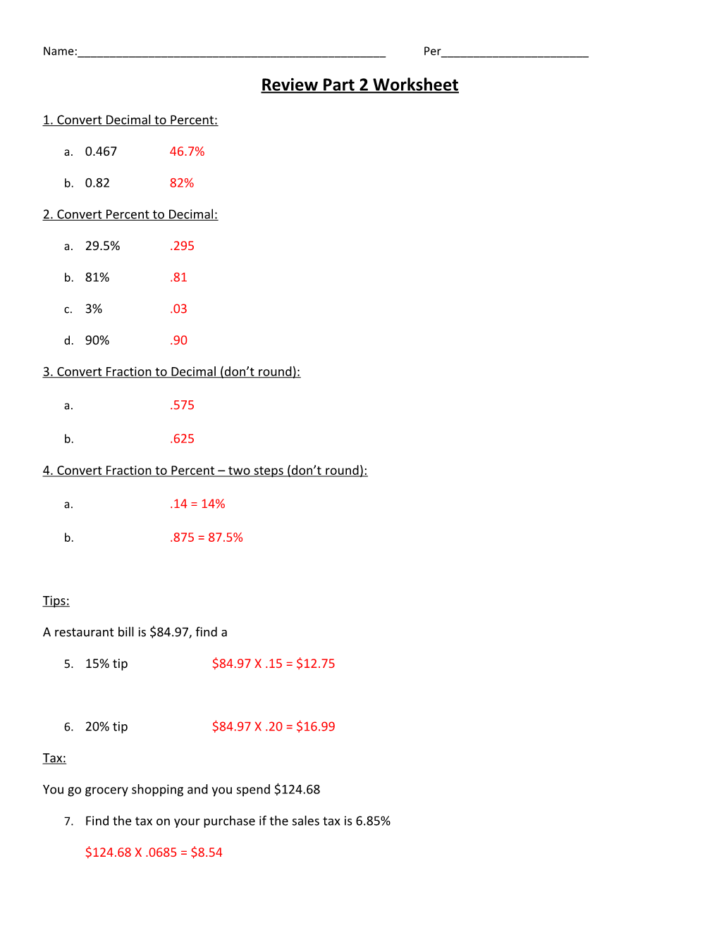 Review Part 2 Worksheet