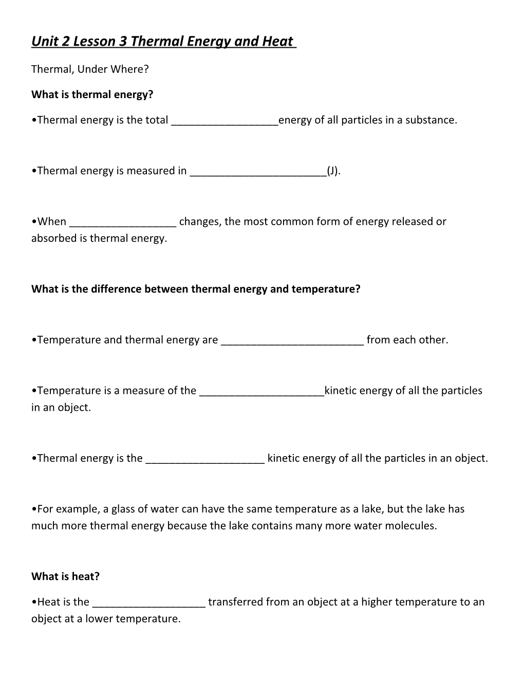 Unit 2 Lesson 3 Thermal Energy and Heat