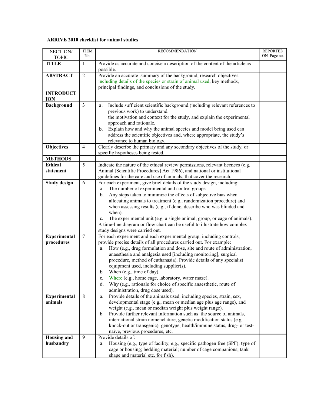 Table 2: Animal Research: Reporting in Vivo Experiments: the ARRIVE Guidelines