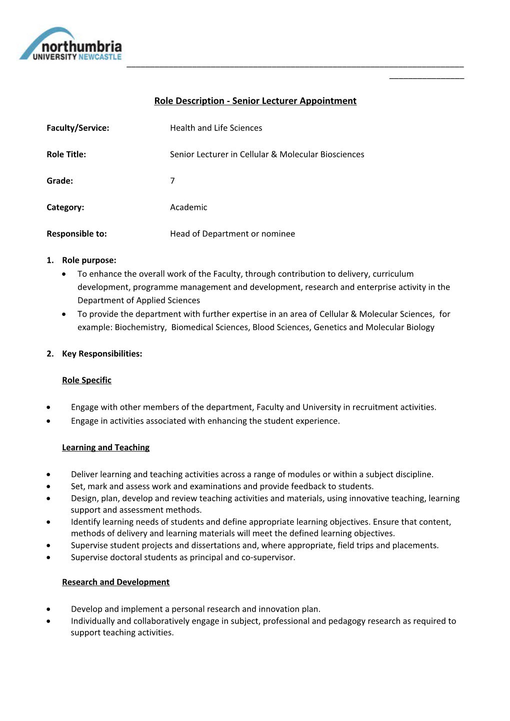 Role Description - Senior Lecturer Appointment