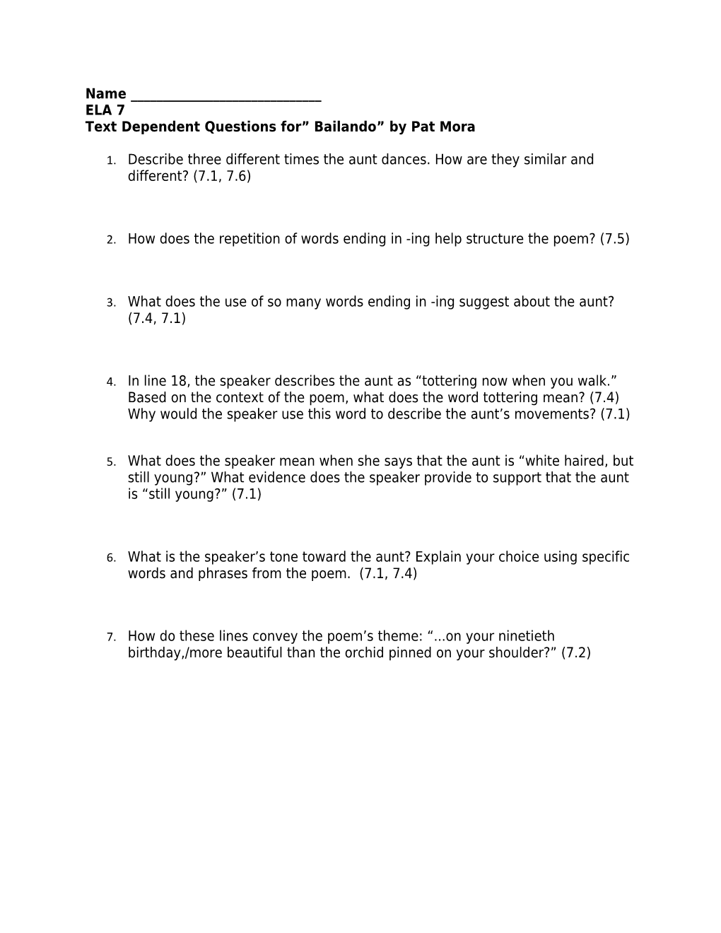 Text Dependent Questions for Bailando by Pat Mora