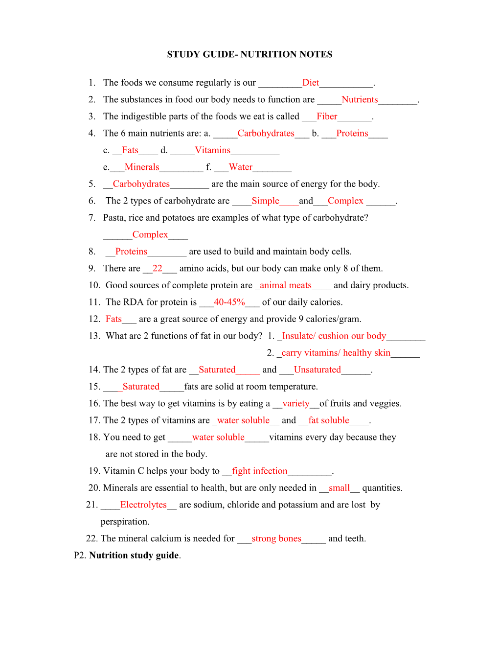 Nutrition 1 Study Giude Key Sierer