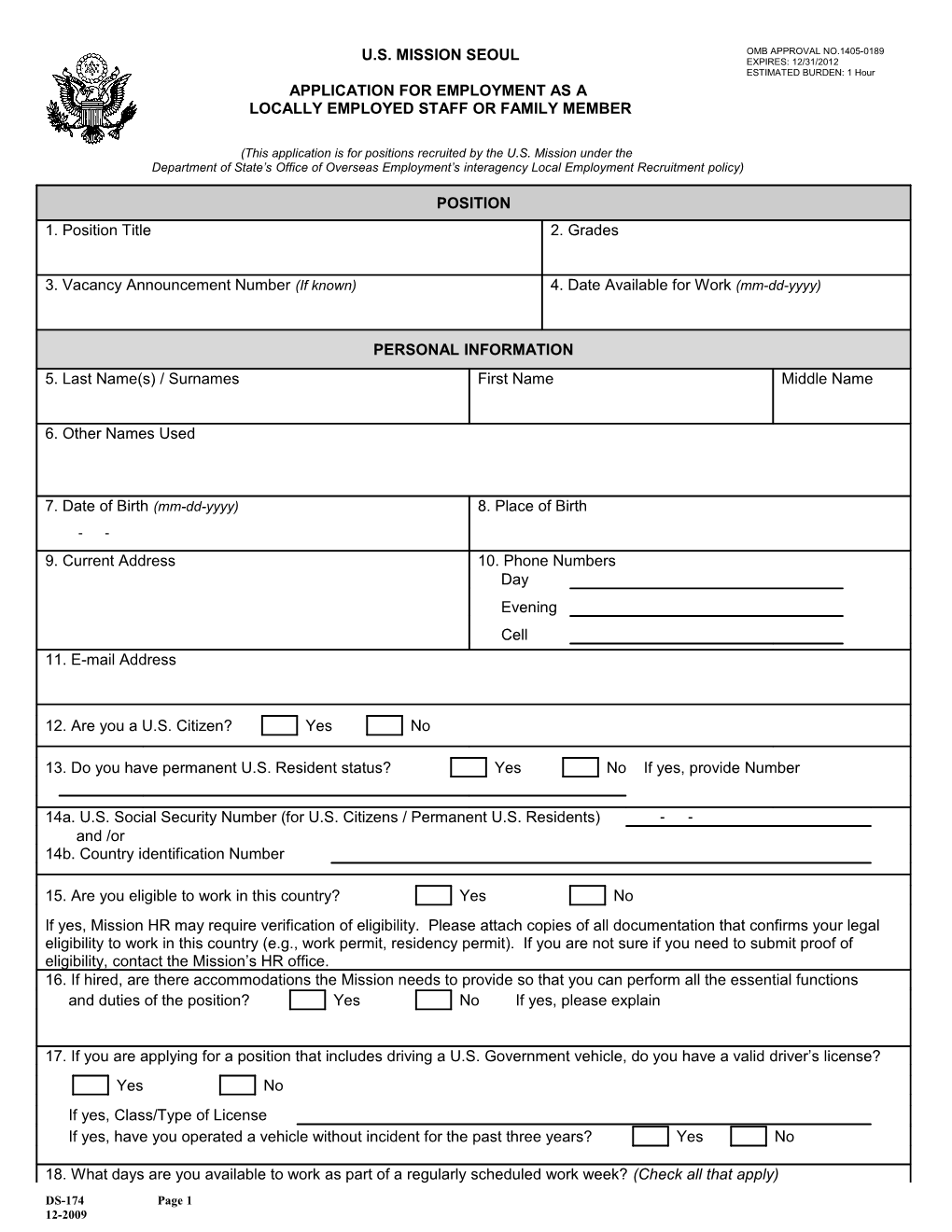 U.S. Mission Seoul Application for Employment As a Locally Employed Staff Or Family Member