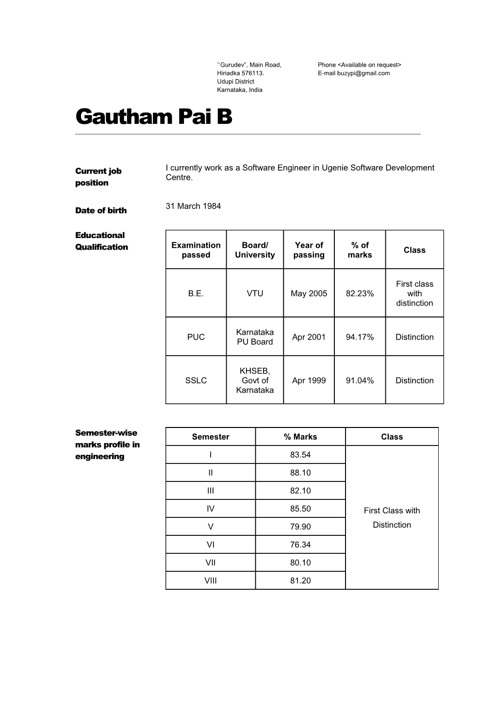 Gautham B Pai Resume