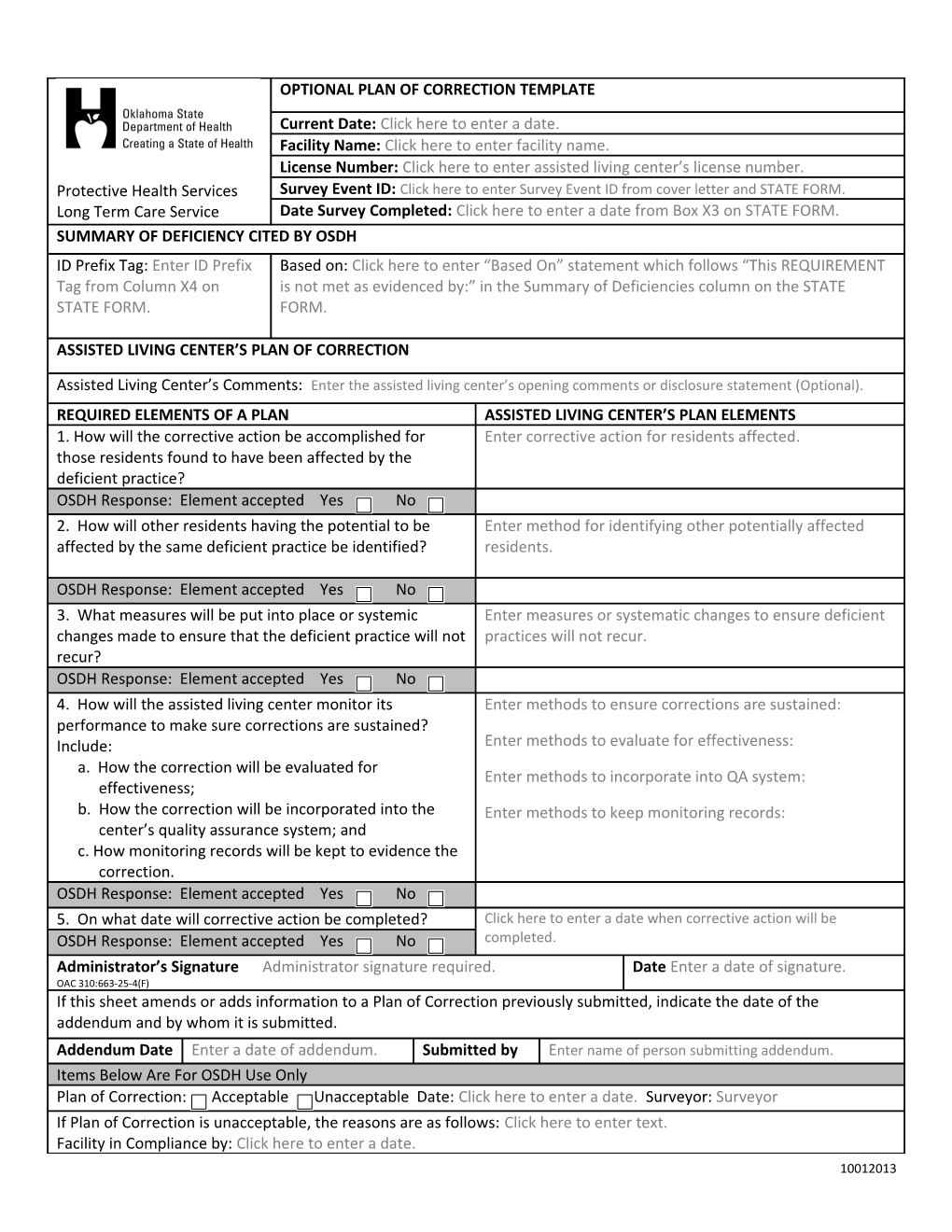 Optional Plan of Correction Template