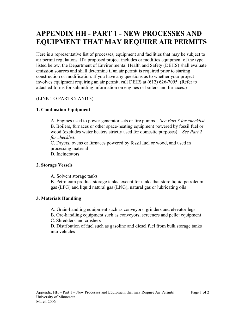 Appendix Hh - Part I - New Processes and Equipment That May Require Air Permits