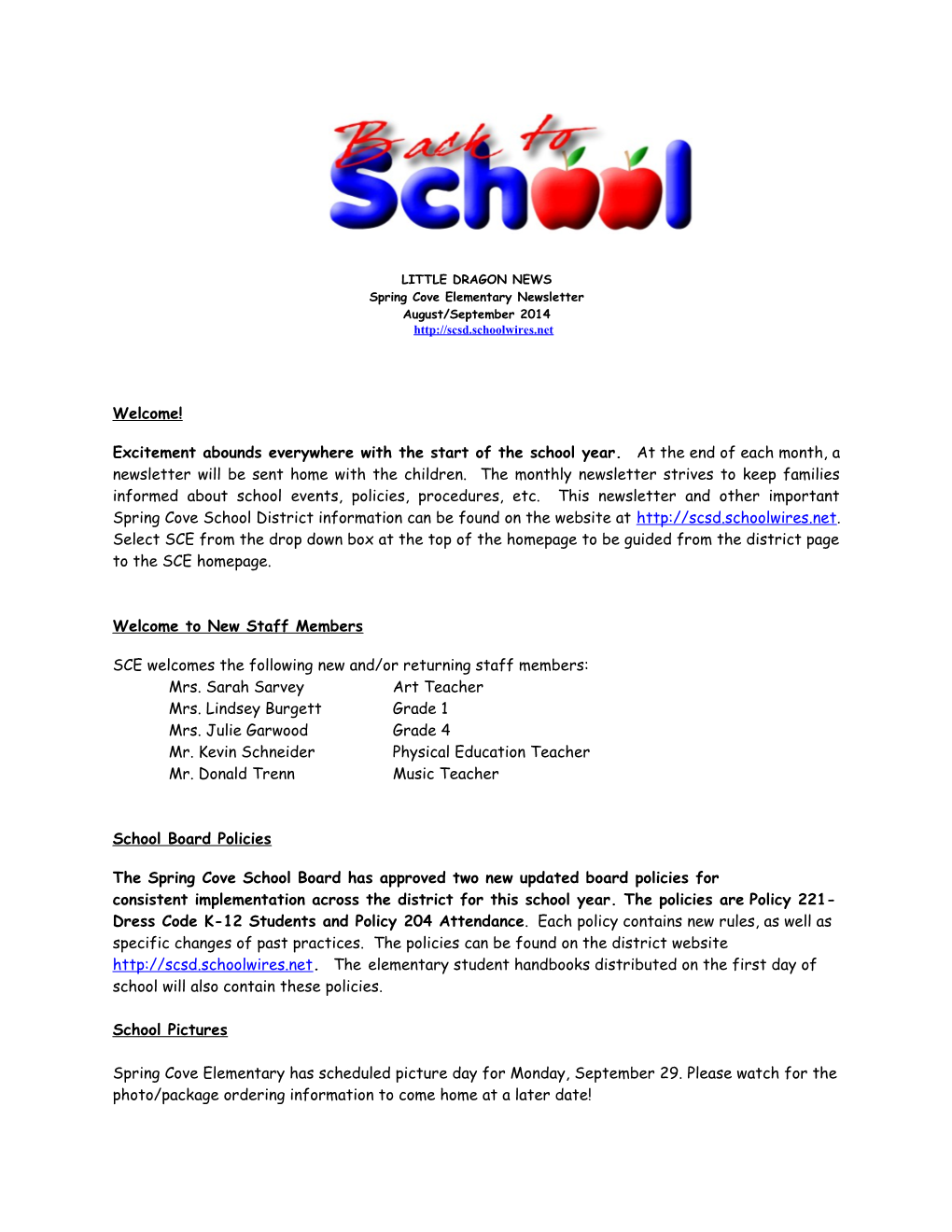 Spring Cove Elementary Newsletter