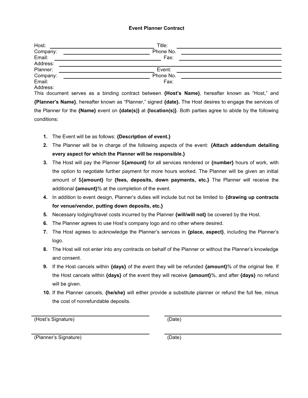 Printable Contracts: Event Planner Contract