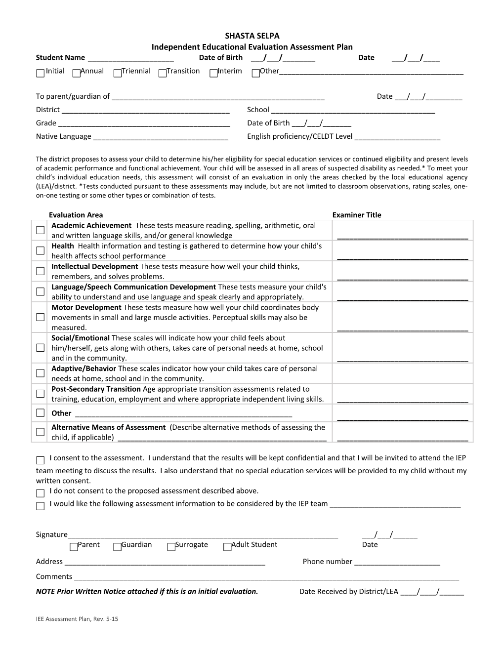 Independent Educational Evaluation Assessment Plan