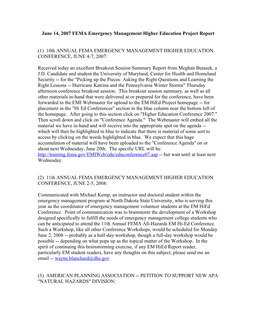 June 14, 2007 FEMA Emergency Management Higher Education Project Report