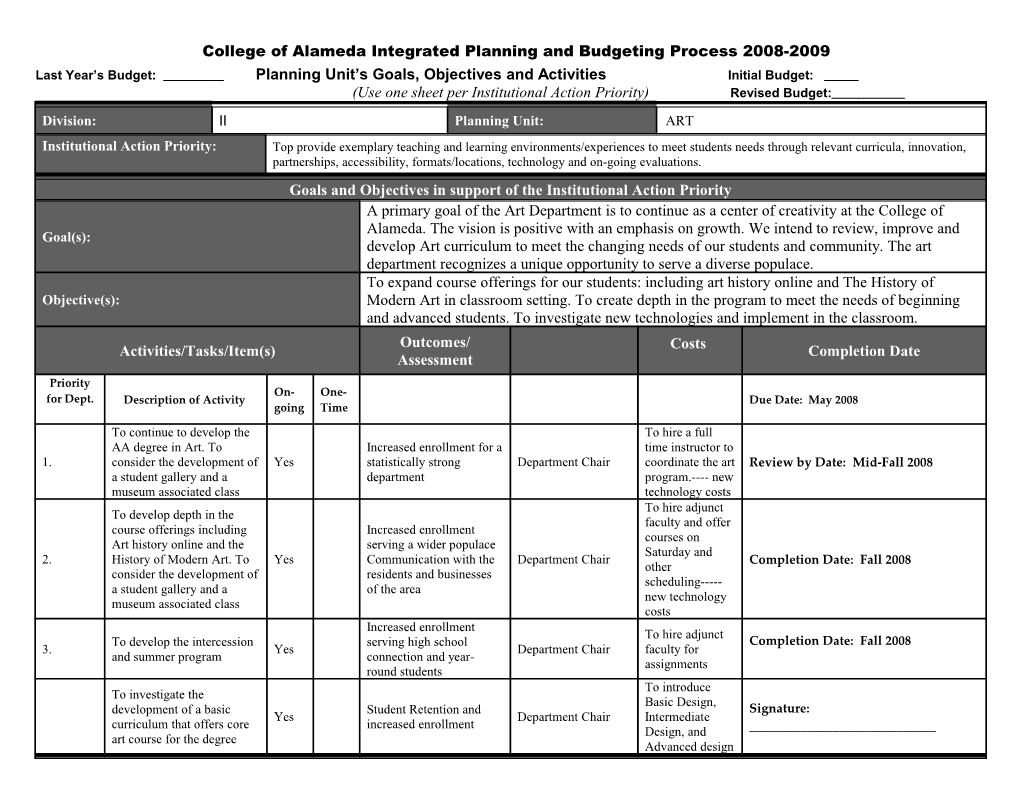 College of Alameda Integrated Planning Process