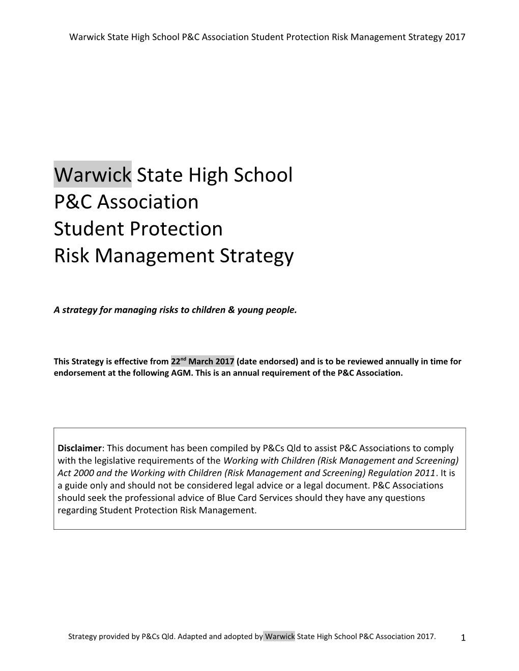 Student Risk Management Strategy