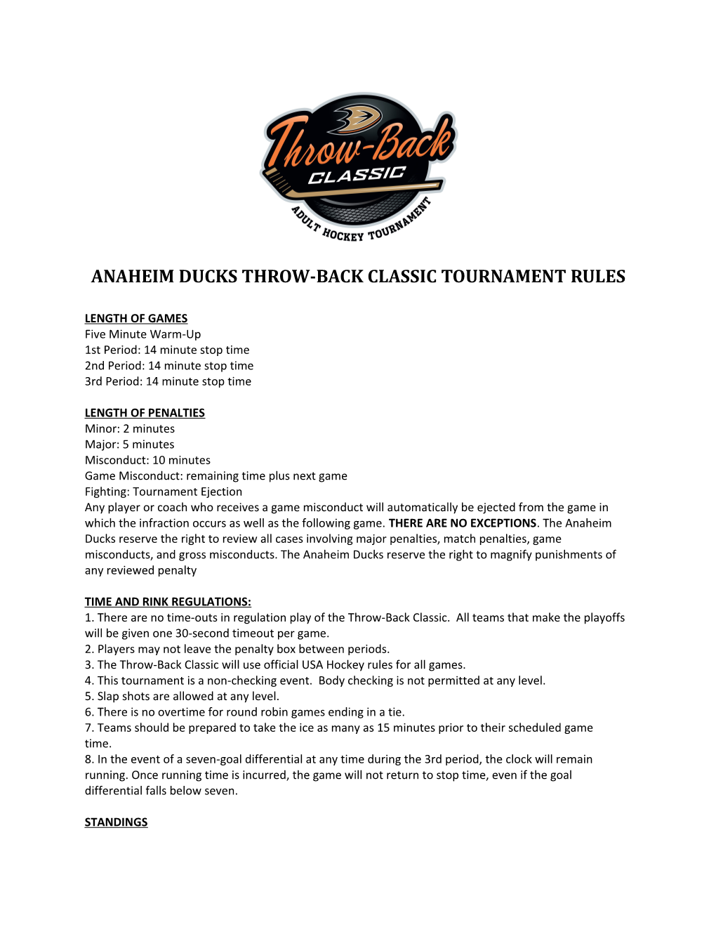Anaheim Ducks Throw-Back Classic Tournament Rules