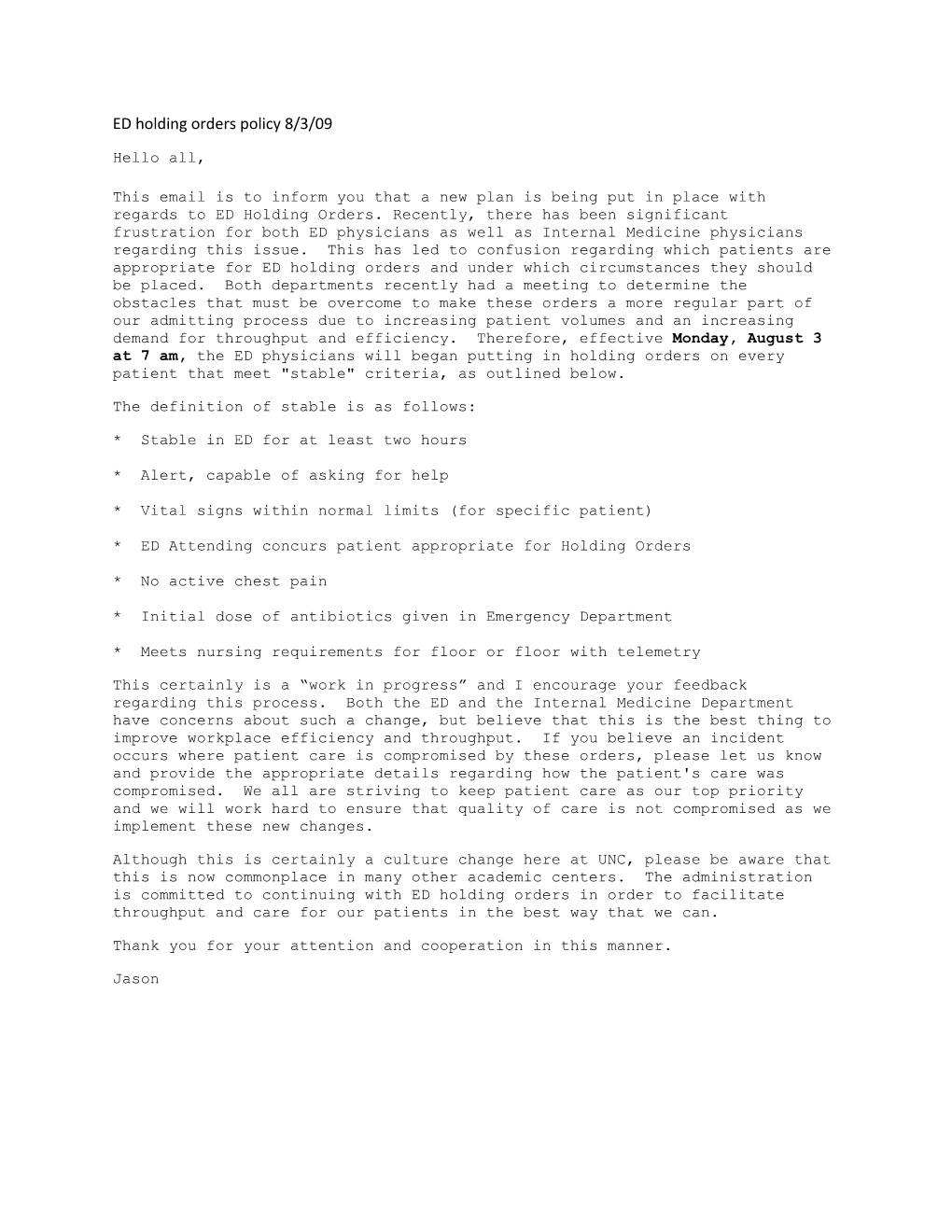 ED Holding Orders Policy 8/3/09