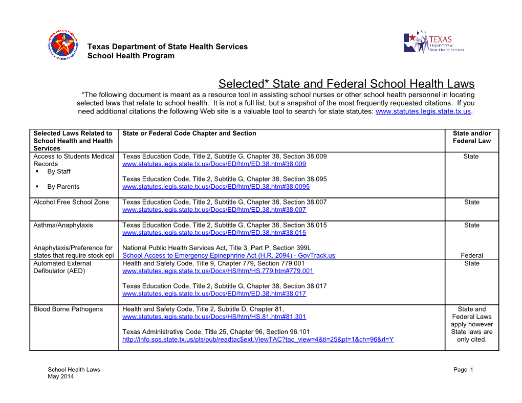 Selected State and Federal School Health Laws-2014 Update