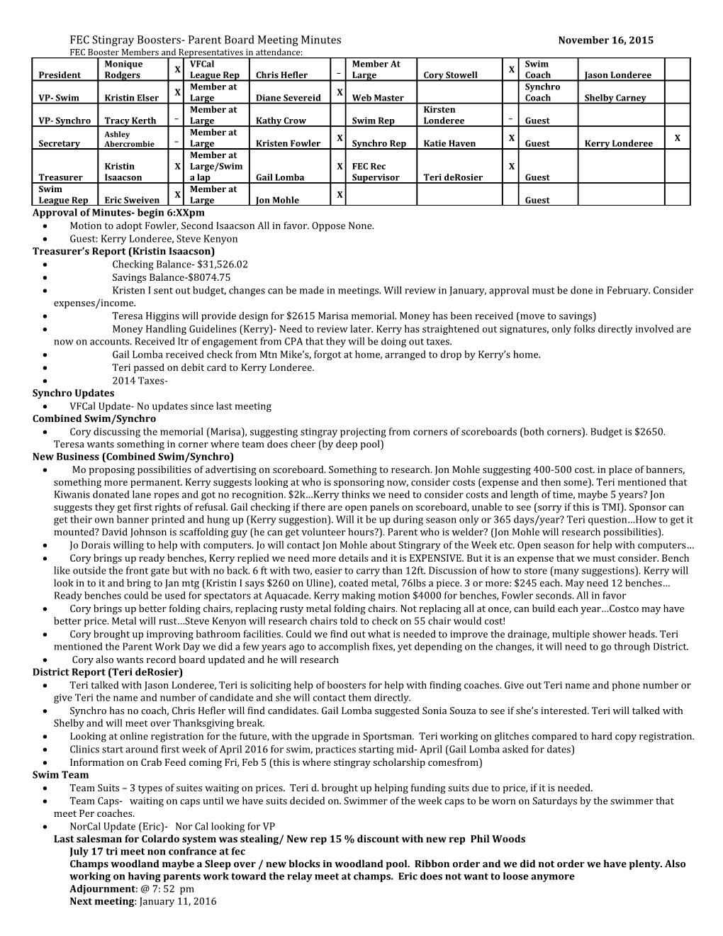 FEC Stingray Boosters- Parent Board Meeting Minutes