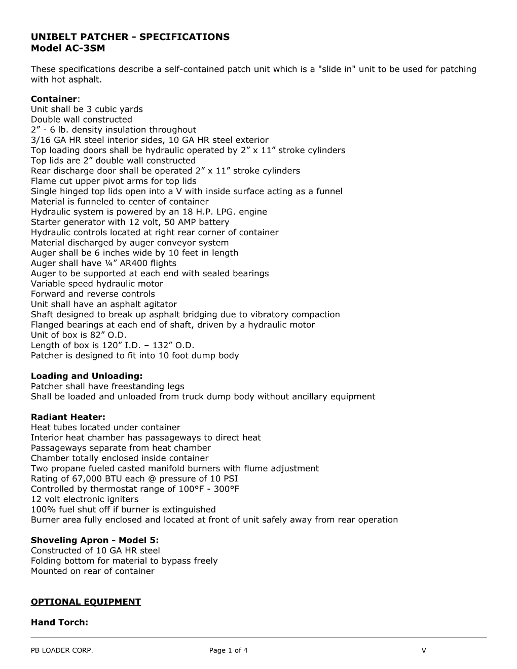 Truck Mounted Loader - Specifications