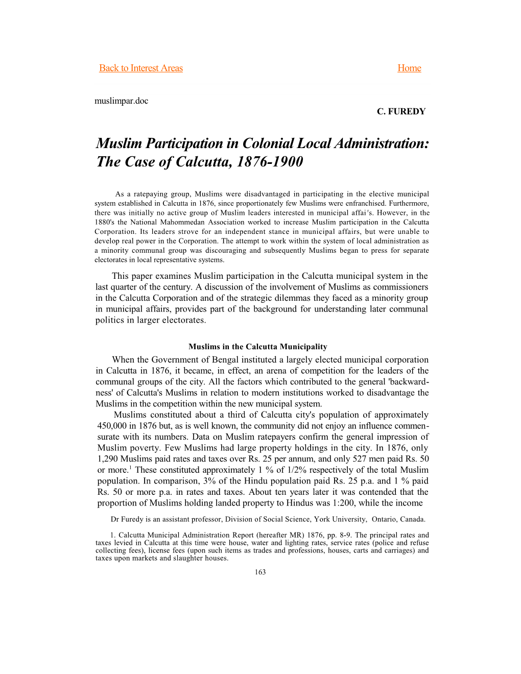 Muslim Participation in Colonial Local Administration: the Case of Calcutta, 1876-1900