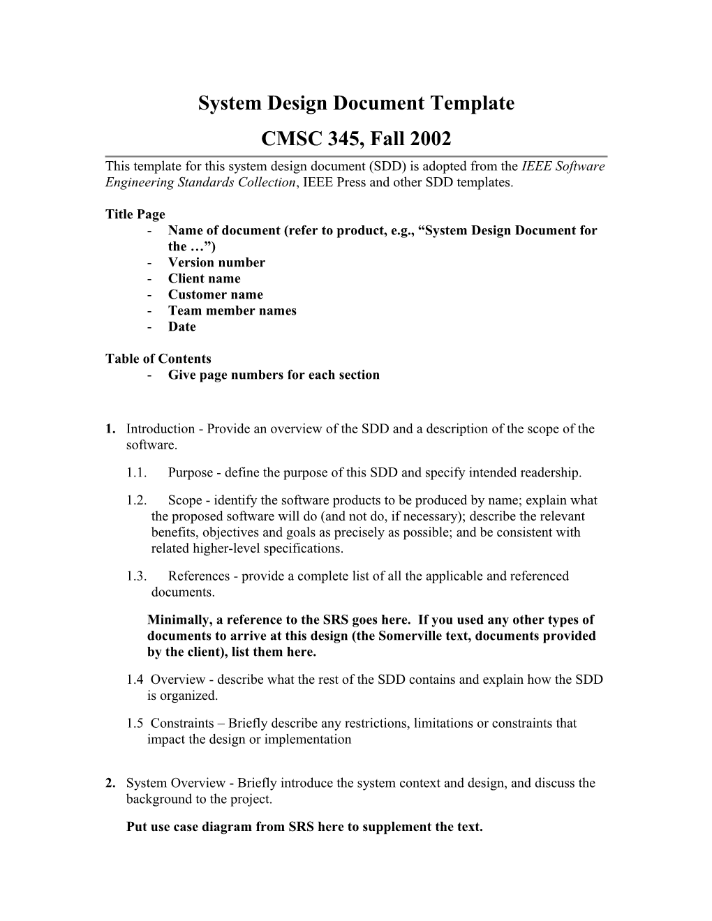 SDD Template, CMSC 345 Fall 2000 s3