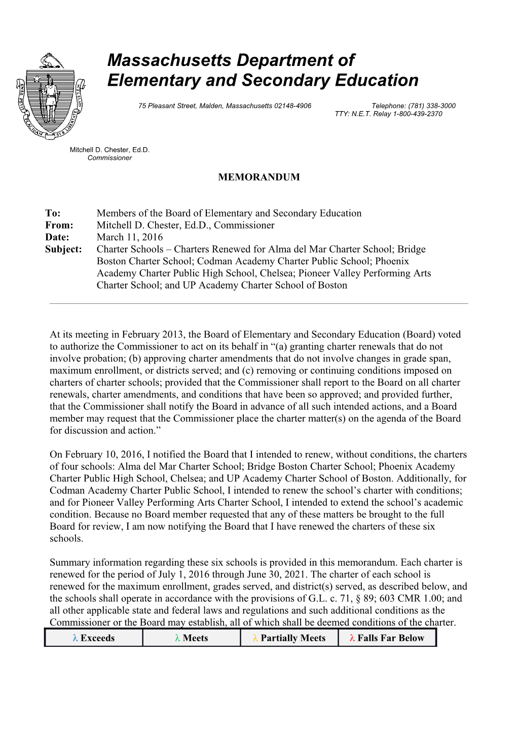 Board Memorandum, Renewal for Charter Schools January 2014, Codman and PVPA Conditions Memo