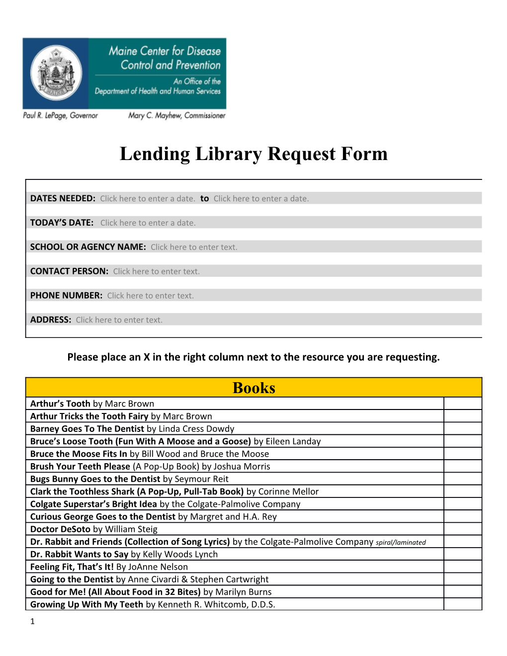 Lending Library Request Form
